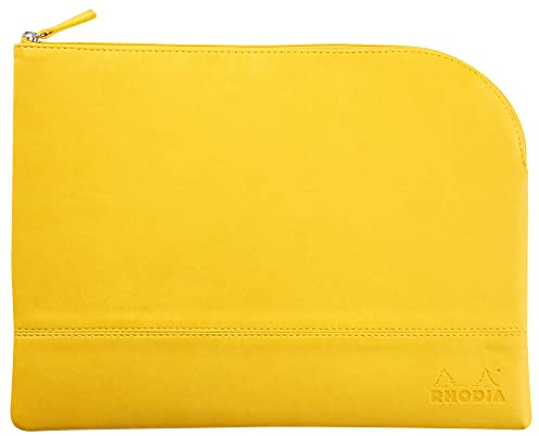 RHODIA 116748C - Faux Leather Zipped Pouch - Daffodil - Size L (21 x 28 cm) - Genuine Stitching - Orange Fabric Inside - Storage for Documents, Small Supplies