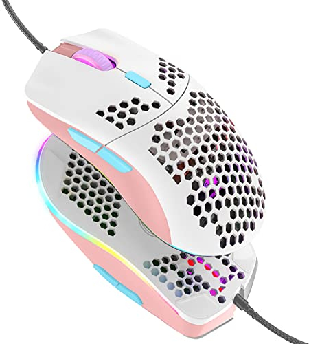 Wired Gaming Mouse, 69G Honeycomb Shell Lightweight Mouse with 6400 DPI, 6 Button Programmable USB Gaming Mice, for PC Gamers and Xbox and PS4 Users-Pink White Mixed