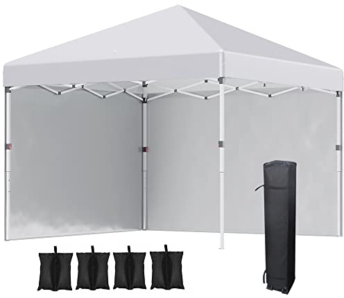 Outsunny 3 x 3 (M) Pop Up Gazebo, UPF 30+ with 2 Sidewalls, Leg Weight Bags and Wheeled Bag, Height Adjustable Party Tent Event Shelter for Garden, Patio, White