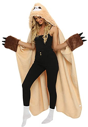 Queenshin Superweiche Warme Faultier Tragbare Kapuzendecke, Gemütlicher Plüsch Flanell Fleece Hoodie Wurf Mantel Wrap mit Klauen Handschuhe Geschenke für Mädchen Erwachsene