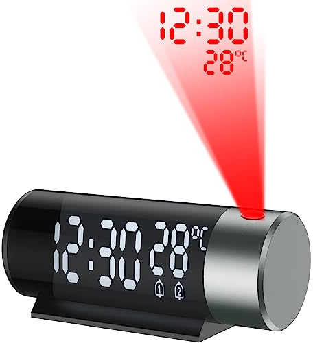 Digital Projection Alarm Clock with 180° Rotatable Projector, Dual Alarm, 12/24H, Snooze, 4-Level Dimmer for Bedrooms