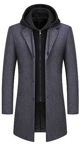KUDMOL Mens Wool Trench Coat Solid Casual Padded Outdoor Overcoat Long hooded Warm Coat Jacket(Grey,2XL)