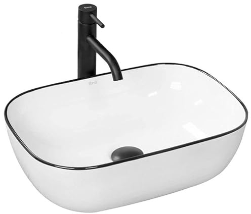 Rea Aufsatzwaschbecken, Marmor Waschtisch Handwaschbecken Waschschale Waschbecken für Badezimmer aus hochwertiger Keramik, 465 x 330 x 135 mm (weiß/schwarz)