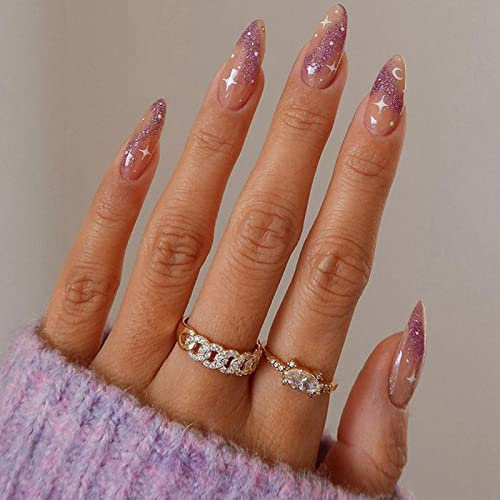 AKOFIC 24Pcs Short False Nails Oval, French Almond Acrylic Press on Nails Designs, Full Cover Stick on Nails, Fake Nails with Jelly Glue for Women Girls Nail Art (Purple Sequins)
