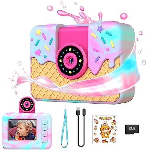 Ushining Camara Fotos Infantil, 20MP 1080P Videocámara de Acción Función de Zoom Cámara Selfie para Niños con Pantalla de 2,0 Pulgadas Tarjeta de 32GB TF, Regalo para Niños 3-12 Años, Helado