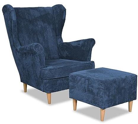 Family Meble Ohrensessel Cord mit Hocker, Modell Bonito, Skandinavisch, Relaxsessel aus Webstoff, Loungesessel, Sessel mit Fußstütze, Bequemer Sessel, Für Wohnzimmer, Esszimmer, Schlafzimmer, Blau
