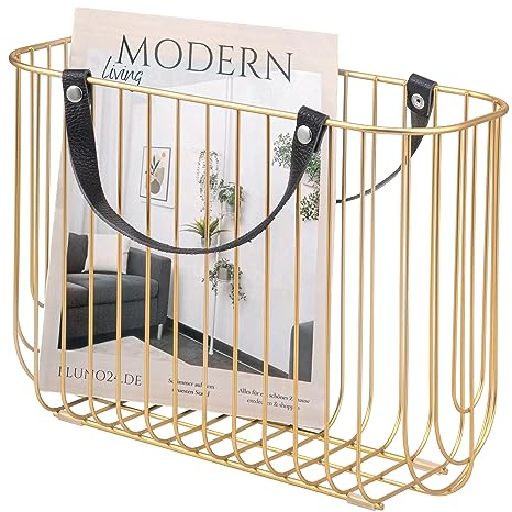 eluno Zeitungsständer aus Metall mit Tragegriffen aus Leder, ca. 36 x 26,5 x 15,5 (B/H/T) (Gold)