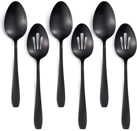 Seeshine 6-teiliges Servierlöffel Groß - 3 Servierlöffel und 3 Geschlitzte Löffel, 27 cm Mattes Schwarz Salatbesteck Edelstahl, Servierbesteck spülmaschinenfest für Küche Buffet