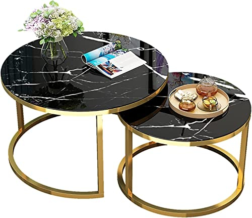 Lot de 2 Tables gigognes, Table d'appoint Basse empilable Aspect marbre Noir avec Pieds en métal doré, Plateau en Verre trempé Lisse pour la Maison, Le Bureau, Le Salon (Taille : 80 cm + 60