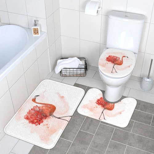 BTCOWZRV Badezimmerteppich, Badteppiche für Badezimmer, Aquarell, Flamingo, rutschfeste Badematten, Badezimmerteppich-Set, 3-teilig, saugfähig, Badteppich, WC-Vorleger für Badezimmer, Plüsch,