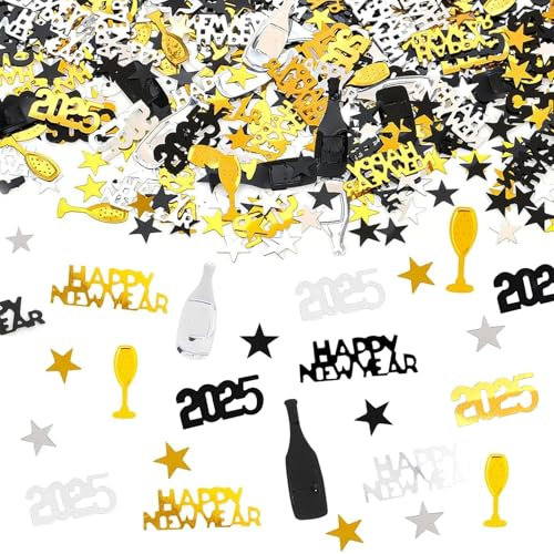 BURGEON Silvester Deko 2025 Konfetti Gold Schwarz, Streudeko Happy New Year Deko, Konfetti für 2025 Neujahr, Glitzer Tischdeko Party Dekoration für Neujahr Karneval Party