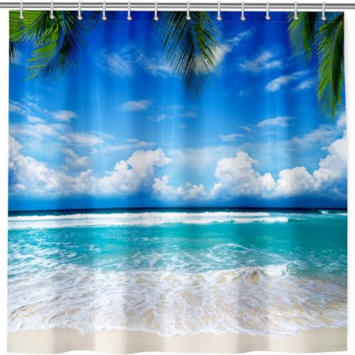 ANHOPE Tropisch Ozean Strand Palme Duschvorhänge Wasserdicht Anti-schimmel Shower Curtains Polyester Stoff Duschvorhang 180 x 180 cm Waschbar Bad Vorhäng für Badzimmer mit 12 Haken