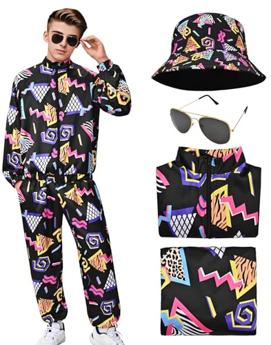 Raveparty 80er Jahre Outfit Herren Damen, 80er Trainingsanzug, Jogginganzug 80er Jahre, Jacke Hose Anzug 80er Accessoire, Faschingskostüme, Karneval. (Style B, L)