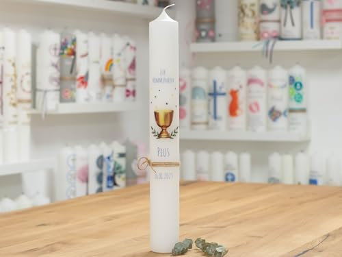 meinkerzenshop Kommunionkerze mit Designdruck Pius personalisiert mit Name und Datum, individuell für Junge und Mädchen