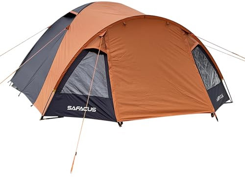 SAFACUS 4 Person Plus Dome Camping Tent, Double layer, Full Waterproof Holiday Family Large Size 4 Man Tent, Easy to Set Up for Outdoors Hiking Fishing Traveling Beach Vacation