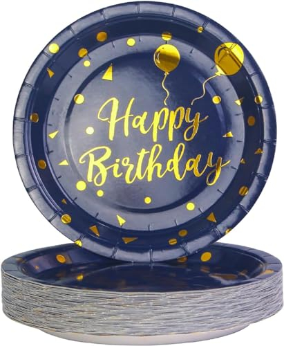 EVYIENEN 50 platos de papel Happy Birthday azul y dorado, 17,8 cm, platos de fiesta de papel de aluminio dorado, juego de platos de postre desechables, platos de papel para cumpleaños, fiestas de