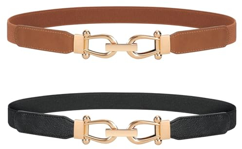 JasGood 2 Stück Skinny Elastischer Taillengürtel - Dünner Damen Vintage Mode Dehnbarer Stretch Gürtel Mit Goldener Schnalle