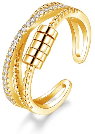 Kamise Anxiety Ring für Frauen, 925 Sterling Silber Damen Angst Ring, Gold Anti Stress Ring mit Zirkonia, Einstellbar Offen Drei Schicht Vertrauensring, Lustige Bead Spinner Fidget Ring mit 5 Perlen