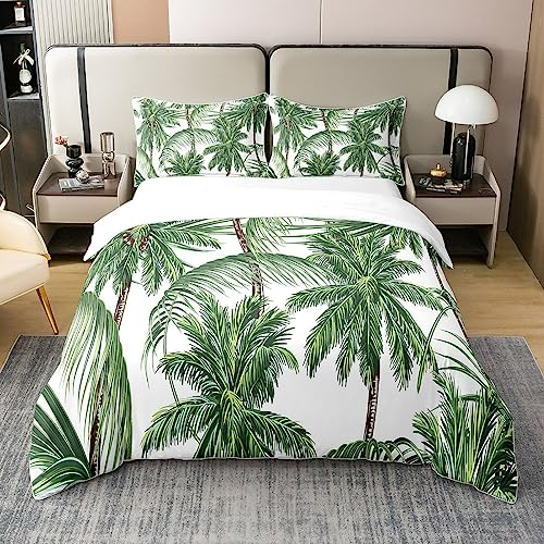 Loussiesd Tropische 100% Baumwolle Bettwäsche Set 135x200cm Hawaii Strand Bettwäsche Ozean Surfen Palme Gedruckt Bettbezug Grüne Pflanzen Natur Bettbezug Set 2Stück