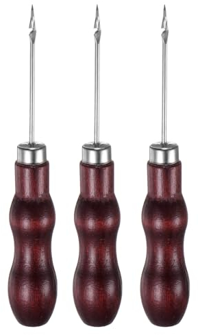 sourcing map 3pcs Handwork Sewing Awl Double Gourd Hook Head Awl Leather Punch Hole Tool with Wooden Handle Scratch for Broken Wire Drilling Stitching Repair and DIY Handmade, Rosewood Color