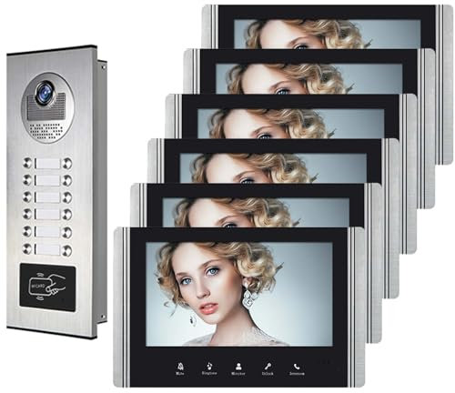 SHAIRMB Video Dell'Appartamento Citofonico, Monitor da 7 Pollici Campanello Video Cablato Kit Citofonici, Dentro Fuori Telecamera Ir, Monitoraggio, Sblocco,Citofono,6 households