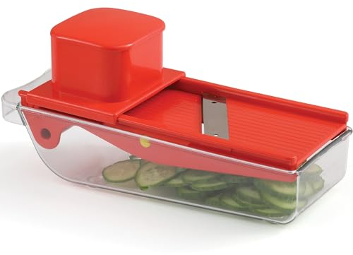 Kleiner Gemüsehobel - Tragbarer Gemüsehobel für Küche, Reisen, Unterwegs - Einstellbare Dicke Mandoline Slicer Food Cutter mit Behälter All-in-1 Kompakter Gemüseschneider - mit Schüssel Rot