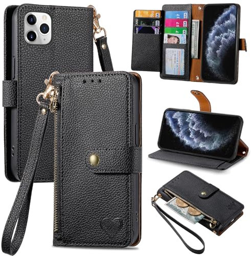 VEEMOS Zipper Wallet Case for Apple iPhone 11 Pro Phone Case with Purse Card Holders RFID Blocking Leather Flip Case Book Cover Wrist Strap Women - Black