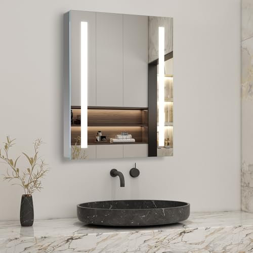 EVOLVE Bluetooth LED Bathroom Mirror Cabinet 800x600 Single Door with Speaker, Three touch sensor button, heated demister pad, Dimmable Cool white light, Shaver Socket, 2Tier Shelves and Glass Door…