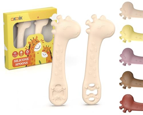 akolik Cuillère Bébé Apprentissage, Cuillère Silicone Souple, Cuillères de Sevrage, Couverts bébé Design Girafe, Cuillère de Nourrissage et Anneau de Dentition 2 en 1, Adapté aux Bébés dès 4 6+ Mois