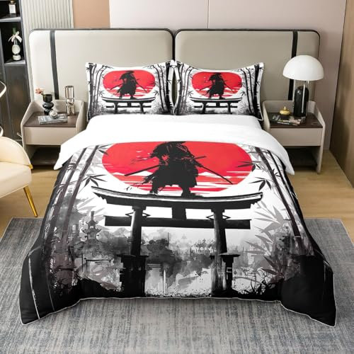 Loussiesd Juego de ropa de cama de algodón japonés para niños, 135 x 200 cm, para niños y niñas, ropa de cama roja al atardecer, estilo japonés, funda nórdica con cremallera, tinta y lavado de bambú