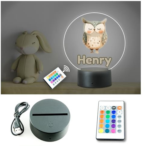 Personalised Any Name Cute Owl Night Light. LED Neon. 16 Colour changing with Remote Control. For Nursery, Kids Bedroom