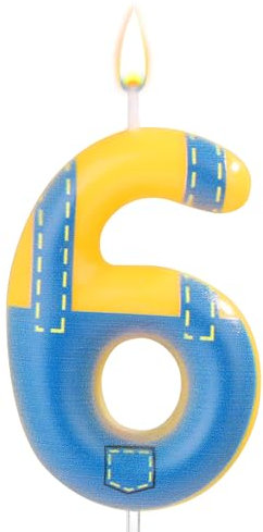 Blaue und Gelbe Geburtstagskerze, Geburtstag Nummer Kerzen Blue Jeans-Cartoon-Happy Birthday-Themenkerze Kuchen Zahlenkerzen für Geburtstagsfeier Hochzeitstag Dekorationszubehör(Zahl 6)