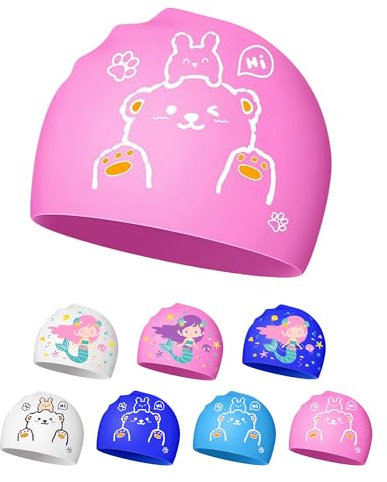 Cuffia Piscina Bambini 4-12 anni, Cappello Nuoto Bambini in Silicone, Impermeabile e Antiscivolo (Orso rosa)