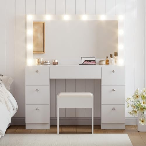 KZNGK Große Schminktisch mit Verstellbaren LED Beleuchtung und Spiegel, Kosmetiktisch mit 7 Schubladen und Hocker, Modernes Frisiertisch Makeup Tisch für das Schlafzimmer, Weiß