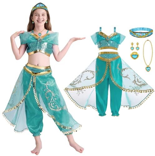 DiULi Costume de Princesse Jasmine pour Filles,Deguisement de Princesse Jasmine avec Accessoires de Bandeaux et Colliers, Aladdin Costume pour Filles Noël Halloween Anniversaire Fête Cosplay,120CM