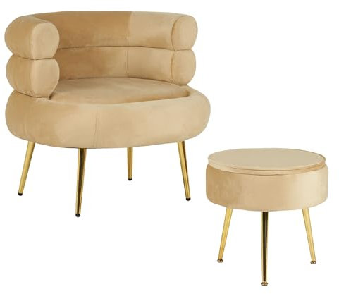 IlGruppone Poltrona Camera da Letto e Salotto in Velluto con Poggiapiedi Contenitore - Poltroncina Relax Moderna con Gambe in Metallo Placcato Oro - Design Moderno - Biscotto