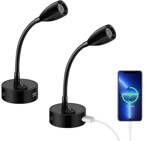 ERWEY 2er LED Leselampe 12V Wohnmobil, 3W 3000K Wandleuchte Bettlampe mit Flexible Schwanenhals und USB-Ladeanschluss DC12-24V Spot für Boot, Yacht, Auto, Van Wohnwagen Innenbeleuchtung, Schwarz