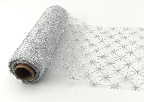 Organza Rolle Bedruckt Tischläufer Tischband Dekoband 18 cm x 900 Verschiedene Muster (55#) (Silber Stern)