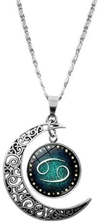 UBBVPKY Twelve Constellations Pendant Necklace for Men Women, Fashion Hollow Moon Sweater Chain Star Sign Jewellery Birthday Astrology Necklace Gift Cancer