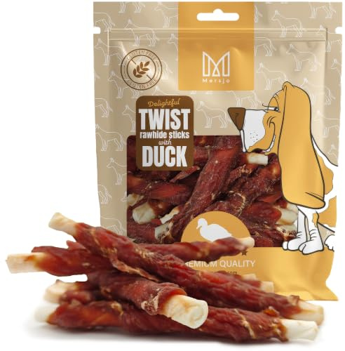 MERSJO Hundeleckerlis Twist Rohhaut-Sticks mit Entenfleisch, 500g, 12-13 cm, Glutenfrei, Natürlicher Kausnack für Hunde