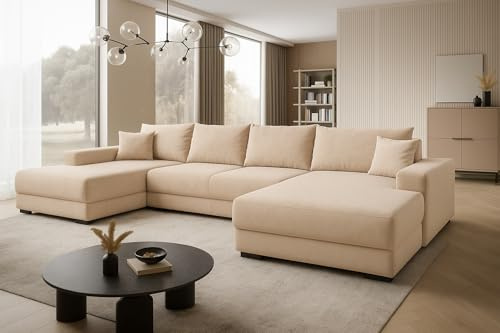 A&J MöbelLand Ecksofa VIENA 328x182 cm mit Schlaffunktion, Bonellfederkern und Bettkasten in Beige – modernes Schlafsofa mit Stauraum