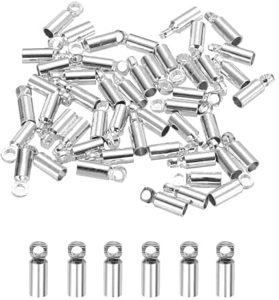 M METERXITY 50-Pack Tassel Cord End Caps 2mm ID Silver Tone | Copper Glue In Leather Barrel Kumihimo End Tip Bead Caps, for Jewelry Making, Bracelets, DIY Pendant, Cord Terminators
