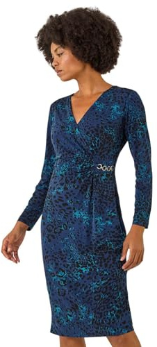 Roman Chain Detail Wrap Stretch Dress for Women UK - Ladies Autumn Everyday Winter Holiday V-Neckline Comfy Long Sleeve Soft Midi Length Frock Dinner Date Gowns - Blue - Size 14
