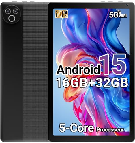 Yicty Tablette 10 Pouces Android 15 2026, 16 Go RAM, Processeur 5 cœurs, Écran HD IPS 1280x800, Double caméra, WiFi 6 5G, Bluetooth 5.4, Batterie 5000mAh, Certifiée GMS (Noir)