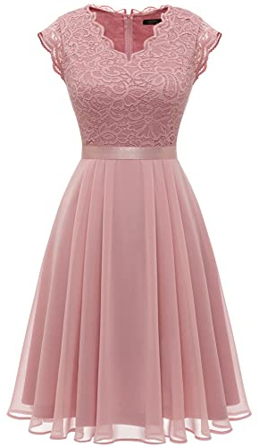 Dressystar Cocktailkleid Damen Elegant Knielang Konfirmationskleider Abendkleid Rosa Spitzenkleid 2050 Blush L