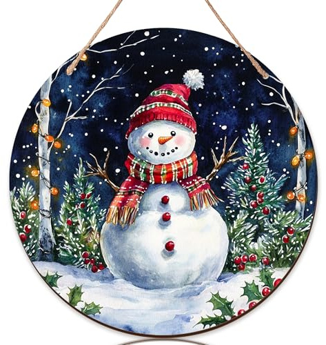 Schneemann-Willkommensschild für Haustür, winterliche Bäume, Stechpalme, Weihnachten, weißes Holz, Aufschrift Welcome to Our Home, Türschild, hängende Dekoration für Zuhause, 1 Stück