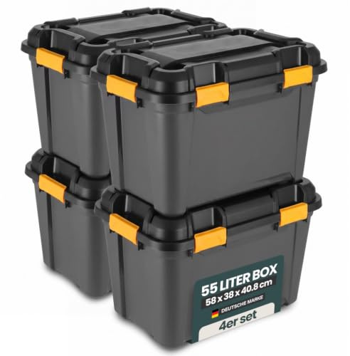 Kreher® Bunker Tough Aufbewahrungsbox 55L - 58 x 38 x 40,8 cm - IP67 wasserdicht & staubdicht, UV-beständig, schlagfest - Ideal für Werkzeug, Garage, Camping, Outdoor & Haushalt - 4 Stück