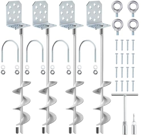 Ciyivak Swing Set Anchors 20 – 4 Pack Heavy Duty Ground Anchors Screw in with L-Brackets & Drill Adapter, Fully Welded Spiral Earth Anchor for Storage Sheds, Trampoline, Fence, Carports