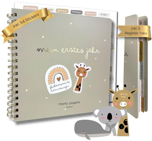 Babyalbum Mein Erstes Jahr, Erinnerungsbuch zum Ausfüllen, Babytagebuch mit 5 Register-Trennblättern und 54 Stickers (Grün)