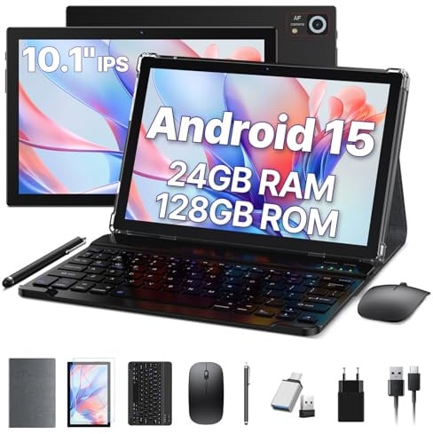 ANTEMPER 2026 Neueste Tablet, 10.1 Zoll Display, 24GB RAM + 128GB ROM (erweiterbar auf 1TB), Android 15 Tablets mit Tastatur Maus Stift, WiFi 6, WideVine L1, 13MP+8MP Kamera, 7000mAh, GPS, Schwarz